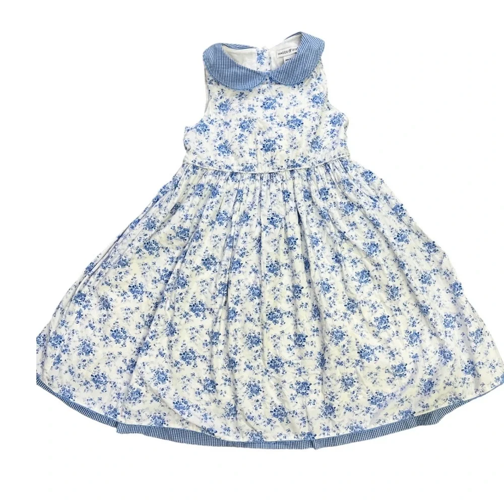 Maggie & Zoe Girls Blue White‎ Floral Gingham Peter Pan Collar Dress Size 6X